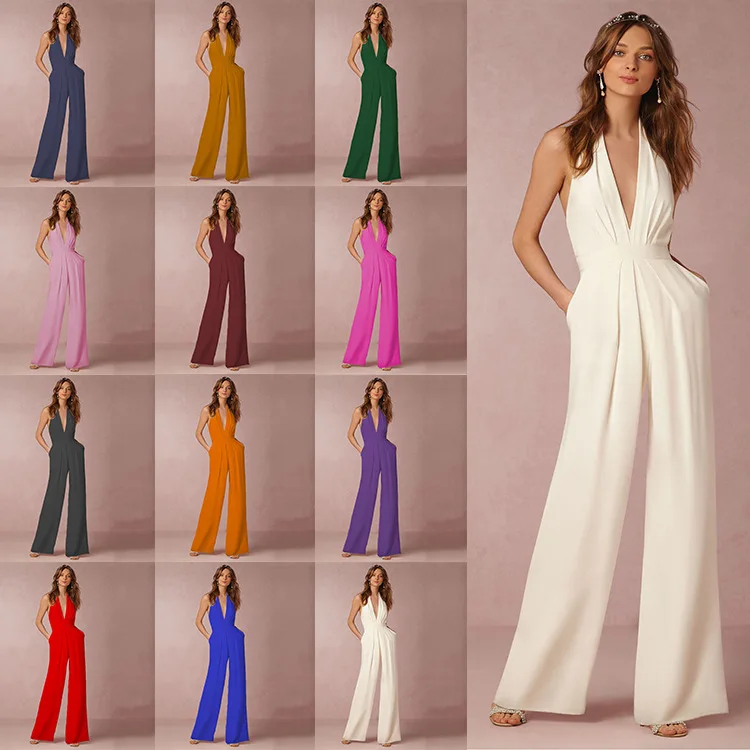 Jumpsuits Women Sexy Playsuits Deep V-neck Sleeveless Halter Neck Backless High Waist Wide Leg Jumpsuit Elegant Party Banquet