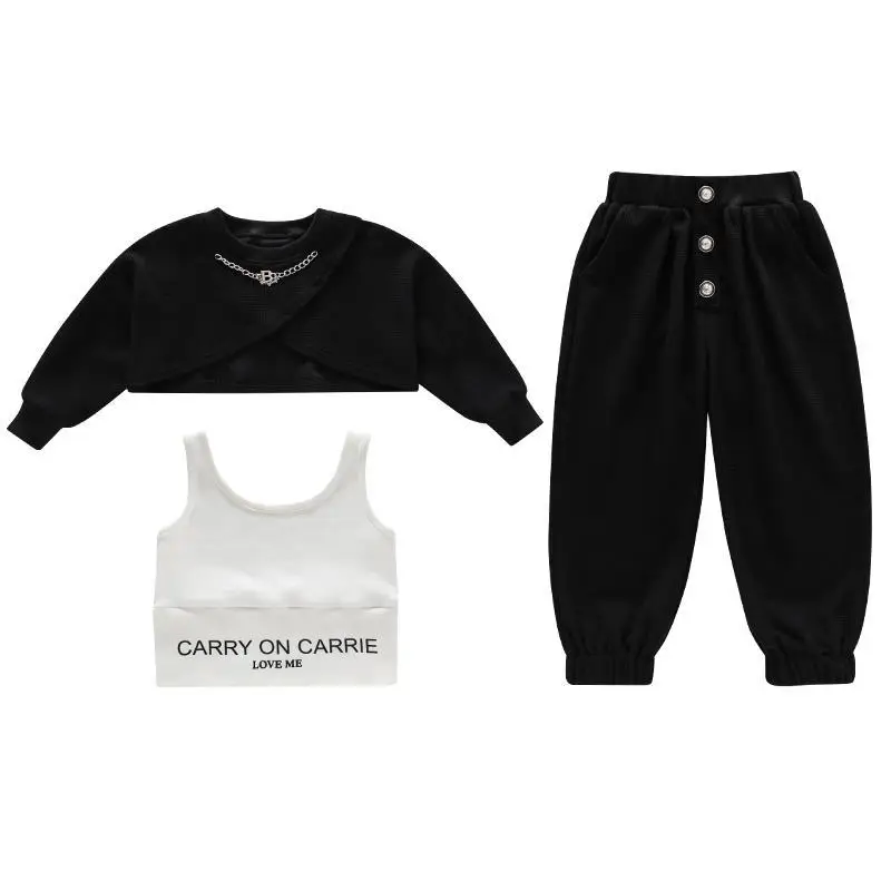 Spring Autumn Baby Girls Plain Waffle Crop Sweatshirt + Sweatpant + Alphabet Tee Tops Sets Kids Tracksuit Child 3PCS Outfit 1-12 Yrs