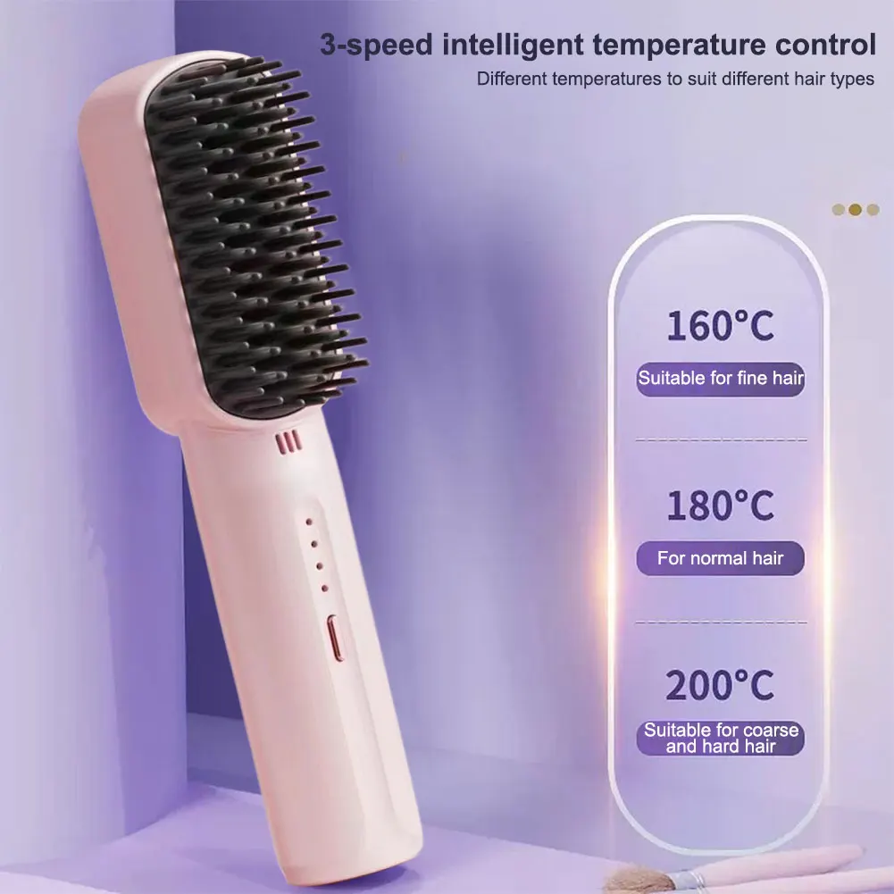 Cordless Electric Hot Comb Rechargeable Portable Straightening Brush Anti-Scald Hair Straightener Comb 3 Temp Settings for Women 2