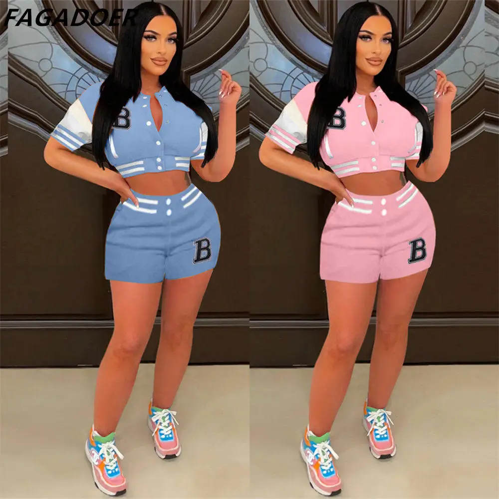 FAGADOER Fashion Letter Print Patchwork Baseball Uniform Two Piece Sets Women Button Coat And Shorts Tracksuits Casual Outfits