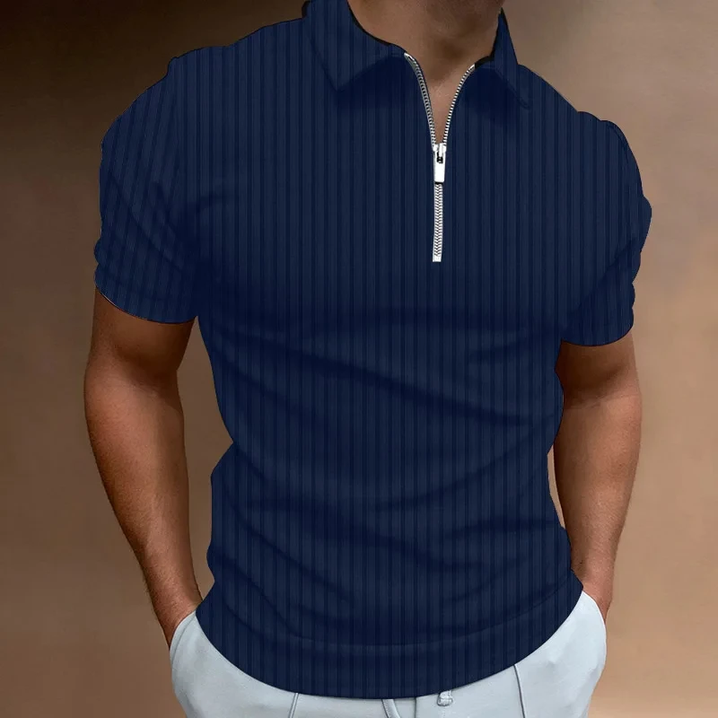 Striped zippered short sleeved slim fitting Polo shirt, monochrome T-shirt, fashionable casual top, summer 2023