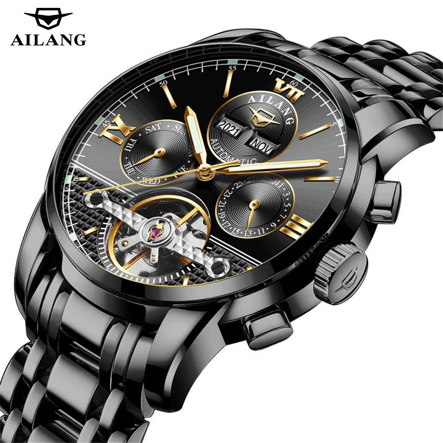 AILANG Luxury Tourbillon Watch Men Automatic Mechanical Waterproof Perpetual Calendar Watch Black Steel Male Relogios Masculinos