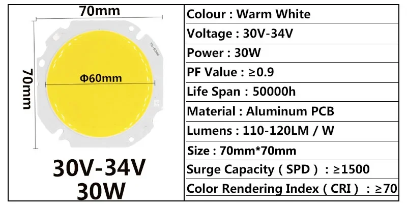 30W 50W Hochleistungs-LED Runde COB-Lichtperlen 30-34V 60MM LED-Lampenperle LED-Birnenchip Spot-Licht Downlight Diodenlampen Kaltweiß – Detail 2