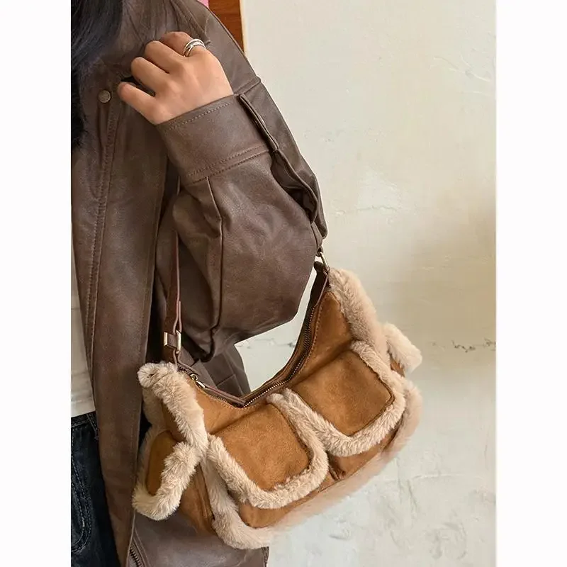 Luxury Suede Women Handbags Maillard Shoulder Bags Vintage Pu Leather Crossbody Bag Autumn and Winter Large Capacity Tote Bag