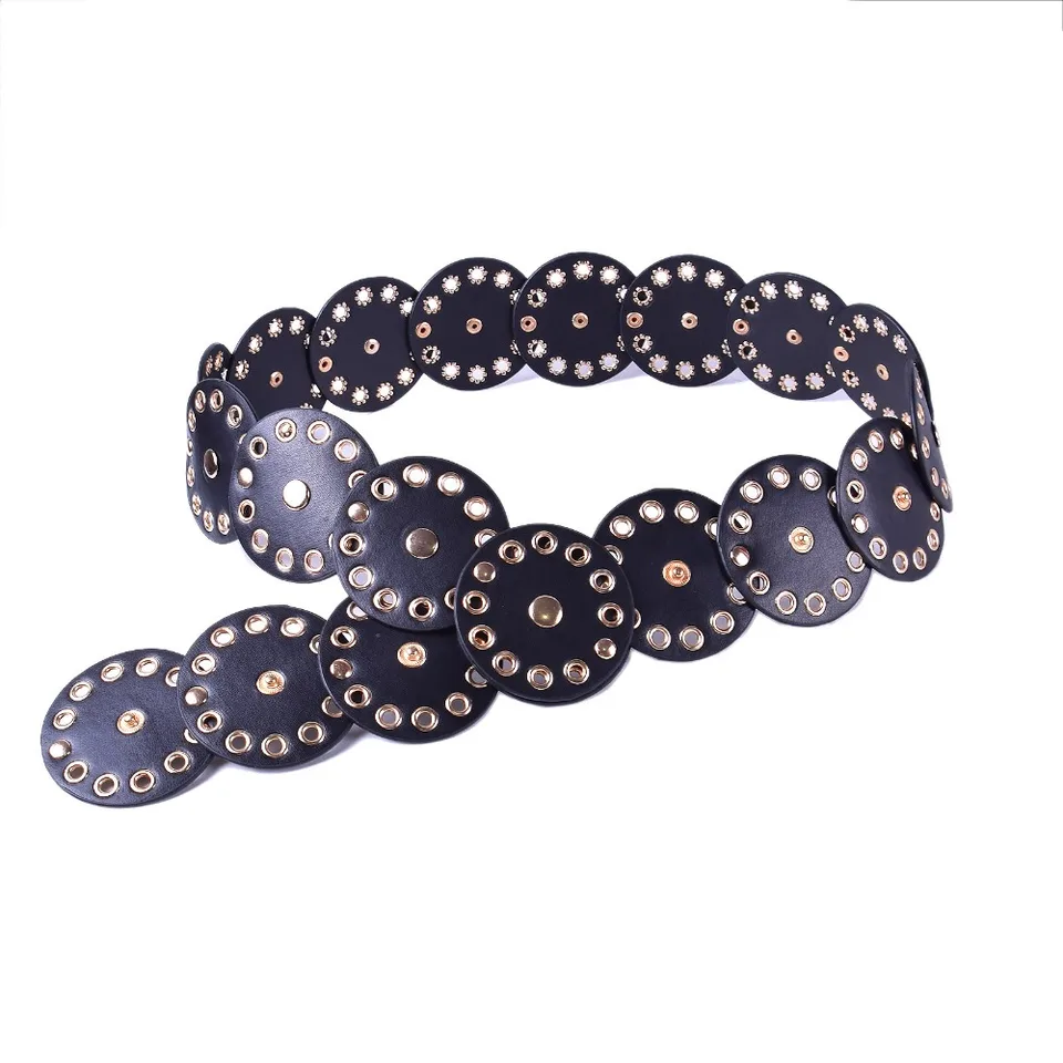 Cintura Larga Ovale A Disco In Pelle PU | Stile Boho Western | Per Donne | Regolabile 100-150 Cm | Larghezza 6 Cm