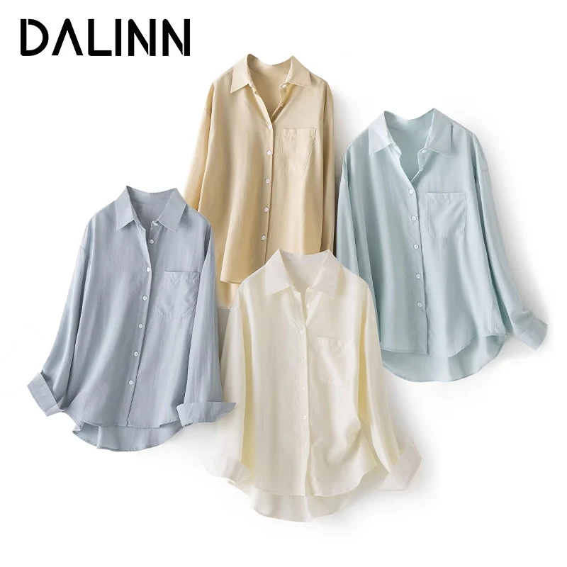 Woman Solid Chic Shirts Long Sleeves 100%Lyocell Chest Pockets Loose Blouses 2023 Spring Fall New Top Blue DALINN women s chic fake two pieces shirt spring autumn casual pockets long sleeve loose shirt outwear lady streetwear blouse top