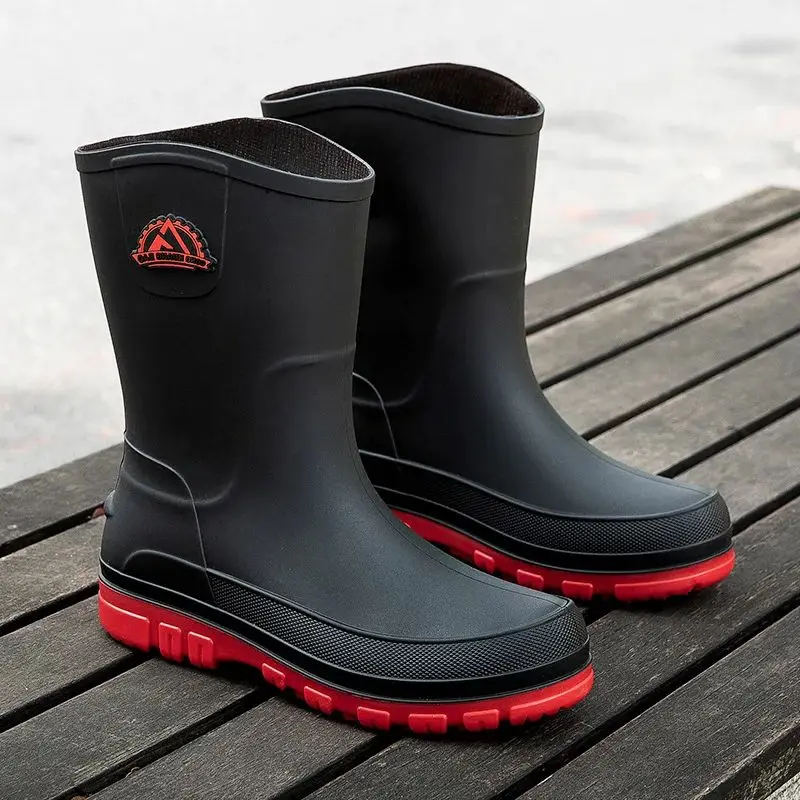 New Fashion Men Rain Boots Platform Waterproof Anti-skid Work Chef Shoes Fishing Shoes Outdoor Middle Tube Cycling Rubber