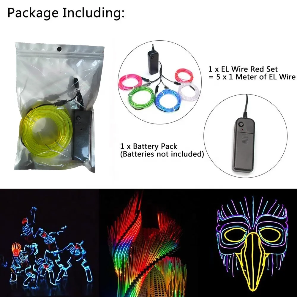 Portable Battery Neon Lights Kit EL Wire 5 by 1 Meter EL Wire, Cable Lamp for DIY Christmas Decoration CKM-120-23-1-X CN;HUB