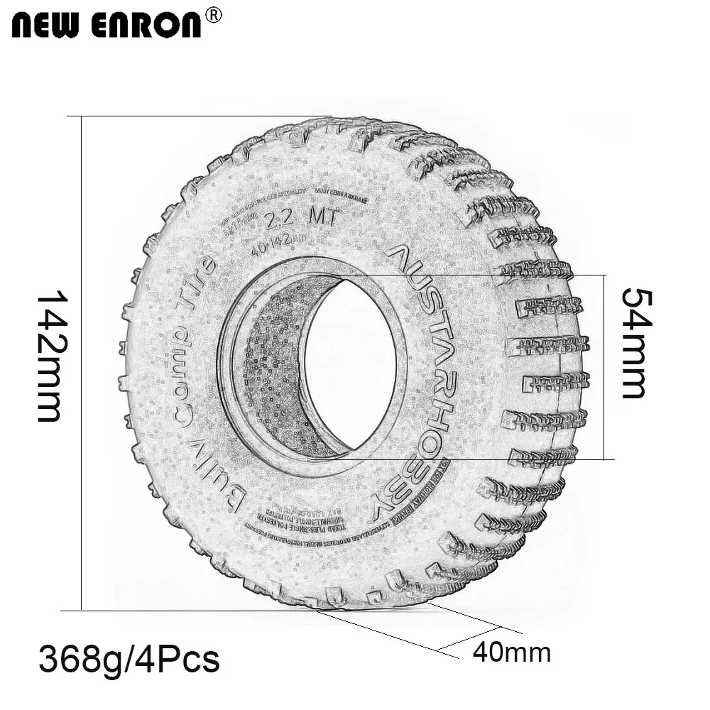 Pneus de compétition 2.2 pouces 140x42mm pour crawler RC vus de côté, avec le flanc texturé et les marquages.