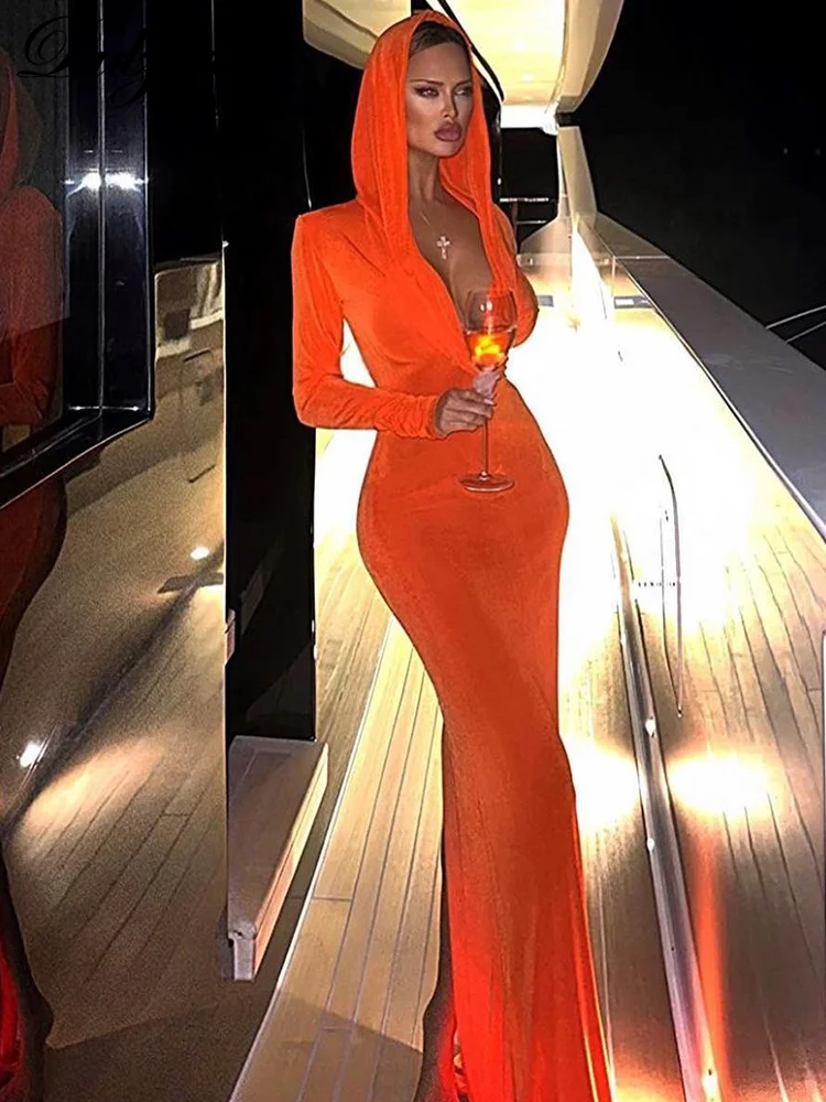 Dulzura Hooded Solid Maxi Dress 2024 Autumn Winter Pure Sexy Women’S Clothing Outfits Clubwear Birthday Party Elegant