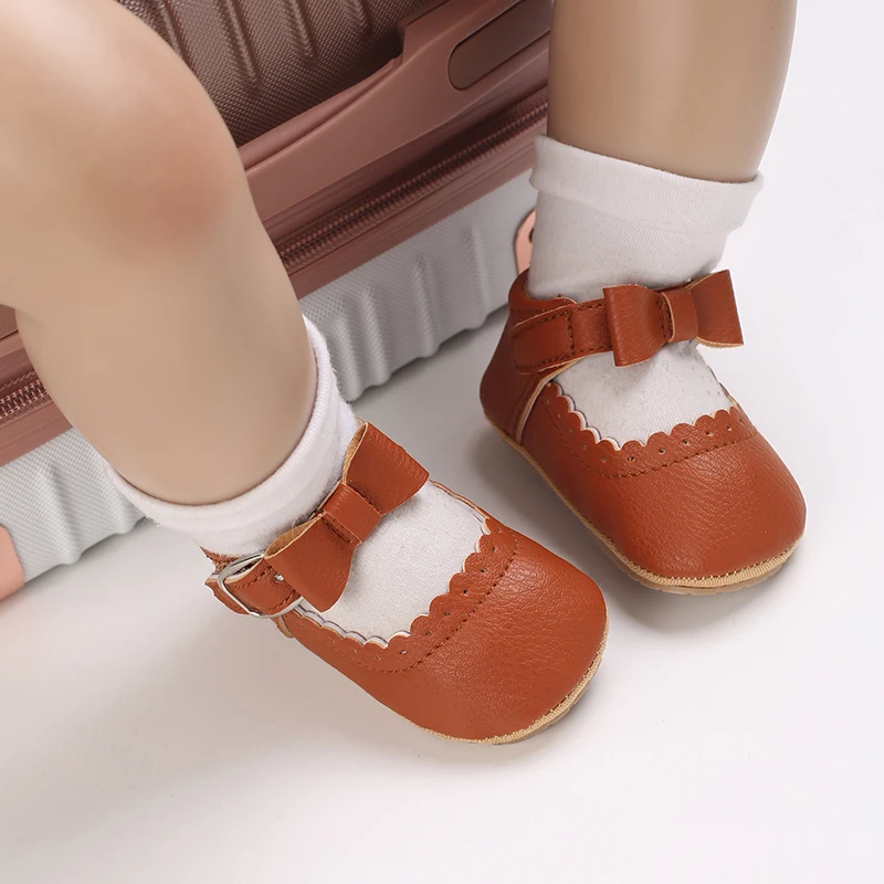 Newborn Soft Soles Brown Girl  Boy Shoes Non-Slip Rubber Soles Cute Big Bow Princess Shoes Breathable Leather Baby Walking Shoes 6