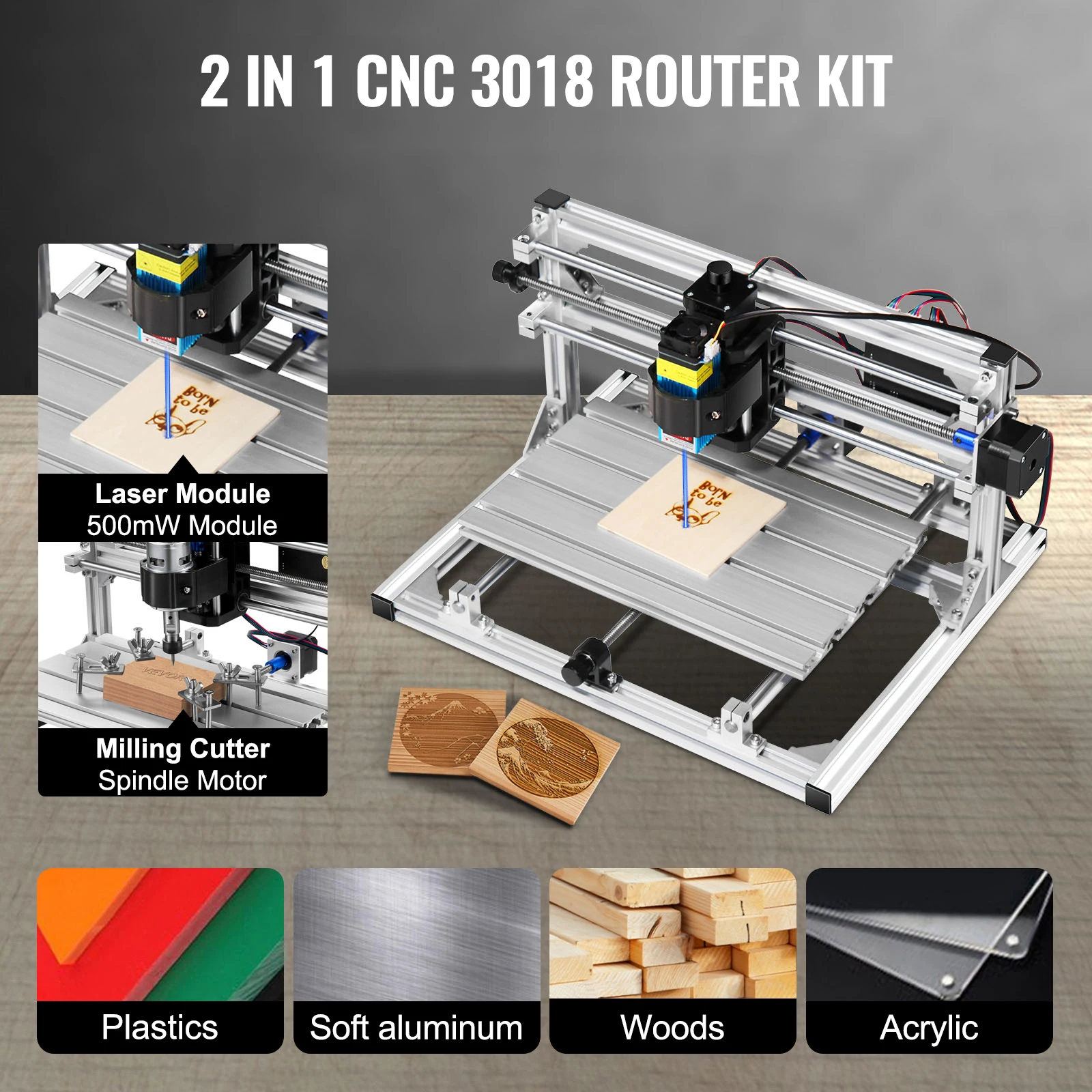 VEVOR CNC 3018 Router Kit GRBL Control 3 Axis Milling Engraving Machine 500mW Laser Head For Plastic Acrylic PVC Wood Carving Laser Engraving Machine Wood Router Machine CNC Engraving Machine Parts Wood Carving Tools