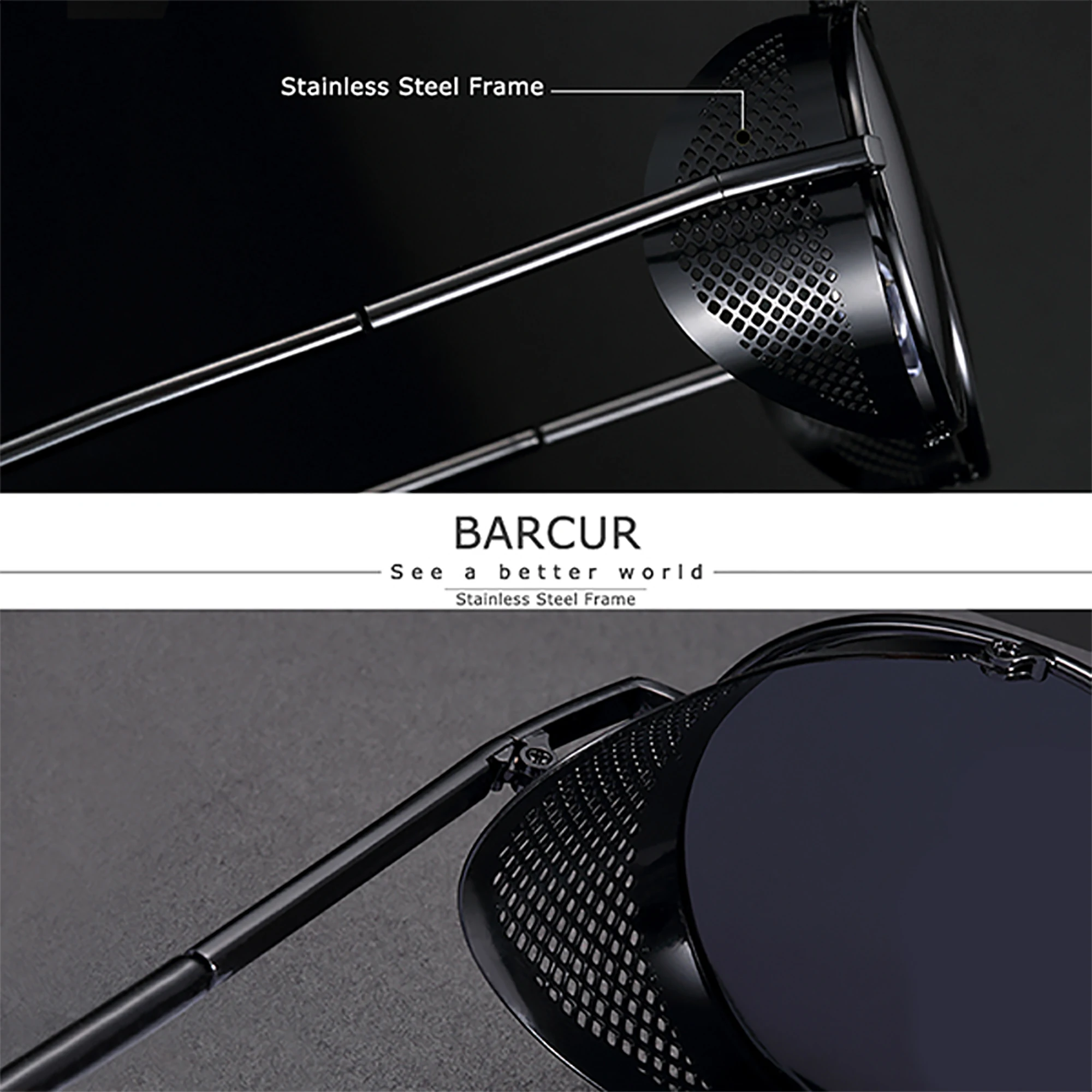 Barcur polarisierte steampunk runde sonnenbrille herren retro sonnenbrille für frauen vintage stil – Detail 2