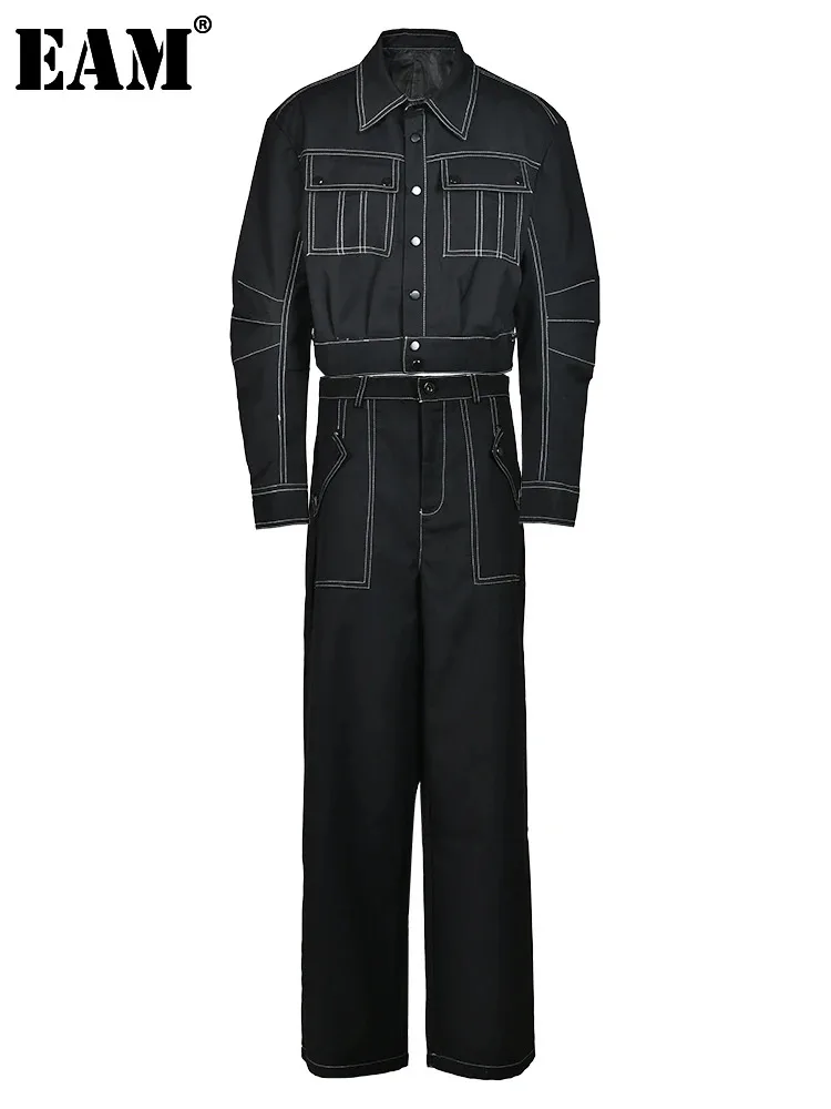 

Женский комплект из двух предметов EAM, черный пиджак с широкими штанинами и длинным рукавом, с отложным воротником, весна-осень 2024