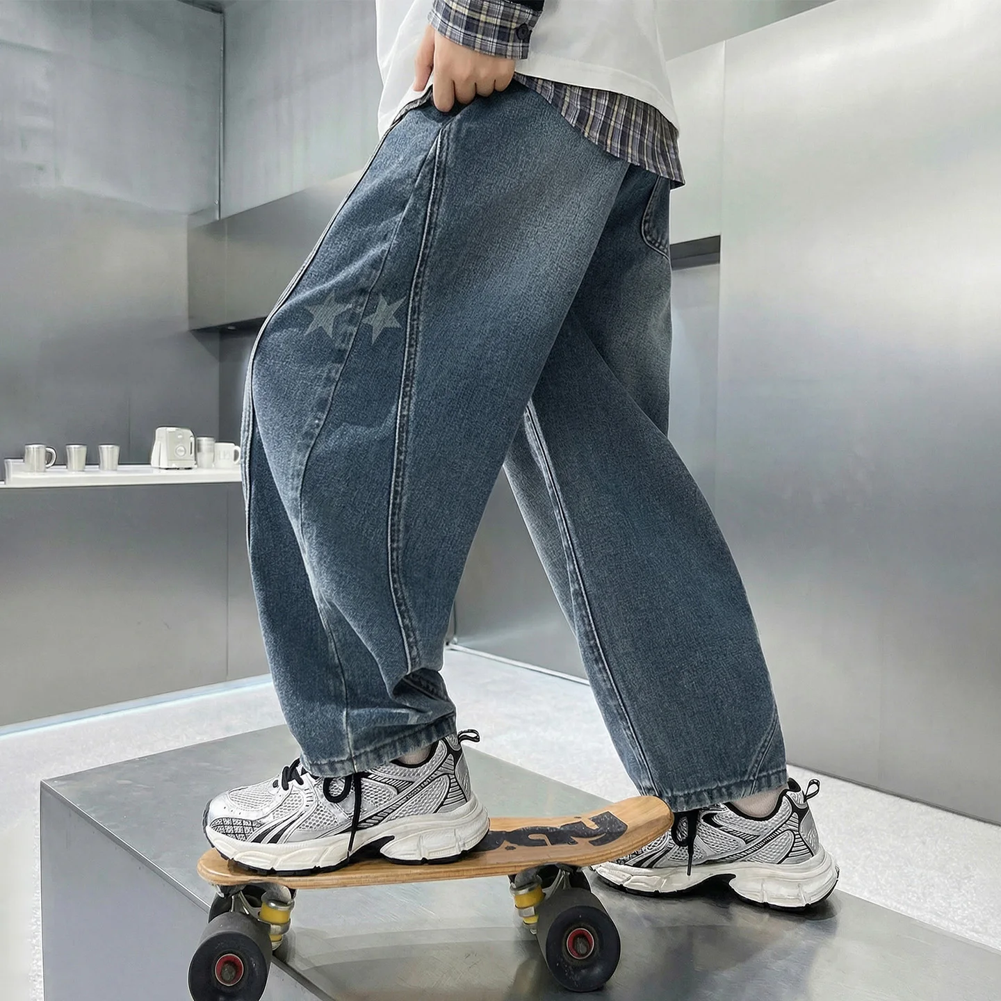 패치워크 곡선형 블루 진(남아용) 스타 프린트 스트리트웨어 바지 헐렁한 아동 청소년 봄 가을 스타일리쉬 팬츠 4-14세