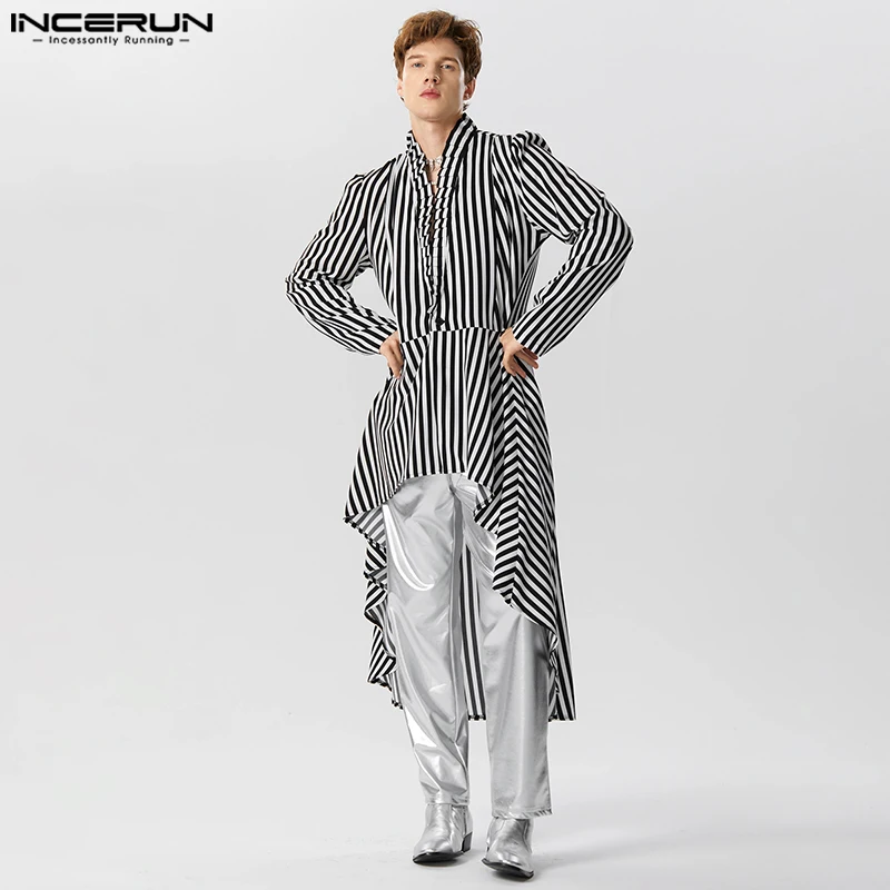 

INCERUN Tops 2023 Handsome New Mens Striped Irregular Hem Front Short Back Long Design Shirts Leisure Male Hot Sale Blouse S-5XL