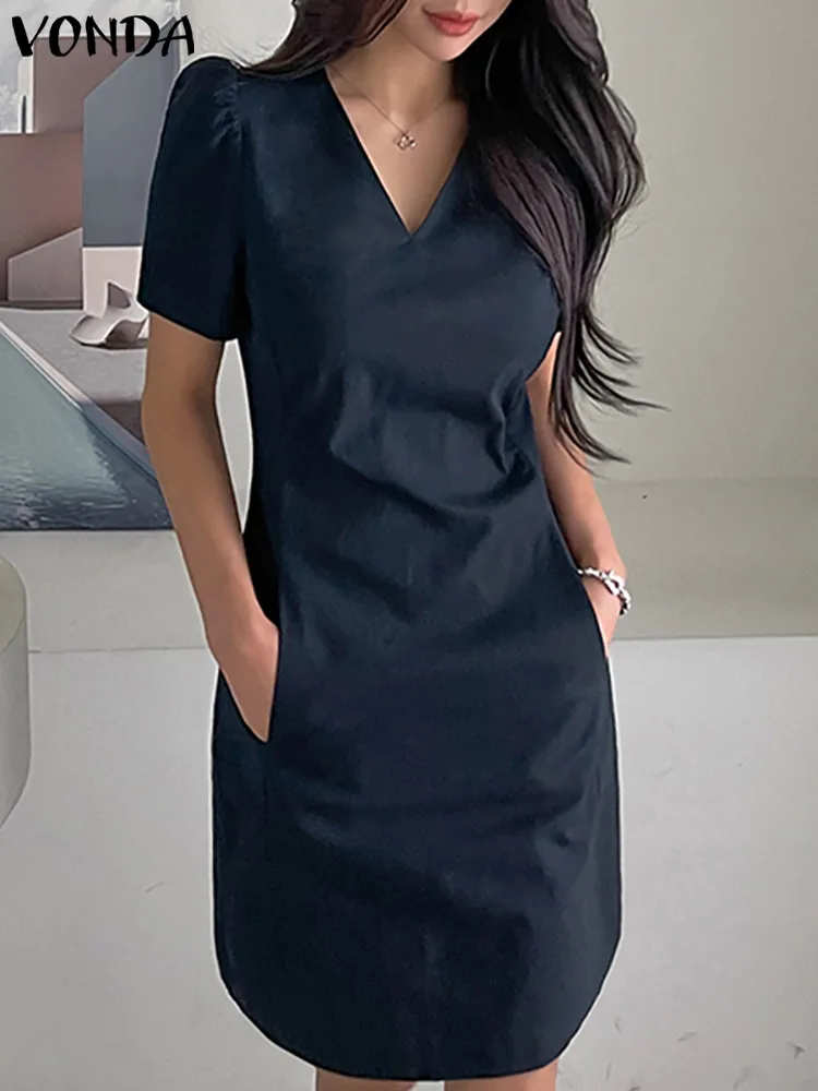 VONDA 여름 미니 원피스 여성용 짧은 퍼프 소매 파티 선드레스, 섹시한 V넥, 캐주얼 패션, 루즈 솔리드 지퍼, 짧은 드레스, 2024 
