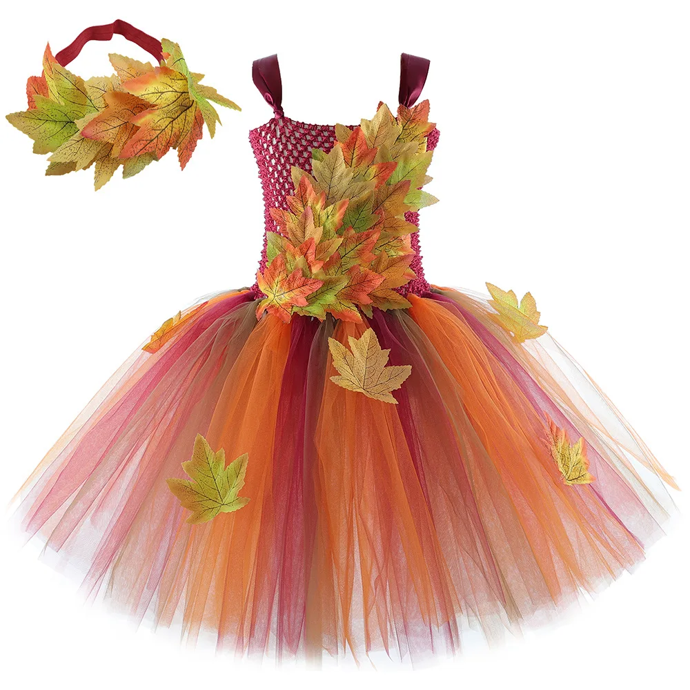 Fee Herbst Kostüm Kleid für Mädchen Ahornblatt Wald Prinzessin Tutu Kleid Set Kinder Thanksgiving Festival Halloween Tüll Kleid1 – Detail 4