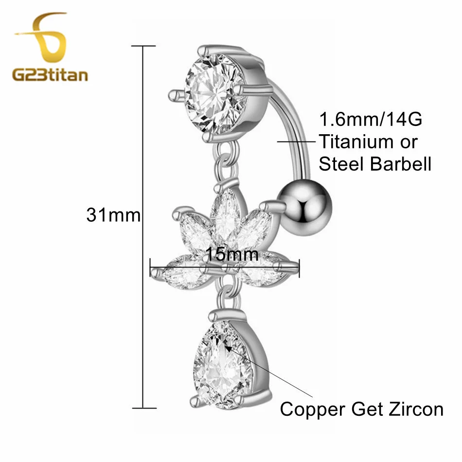 G23Titan Reversed Barbell CZ Zircon Belly Button Rings Flower Pendant 6-16mm Surgical Navel Piercing Ring Body Jewelry for Women