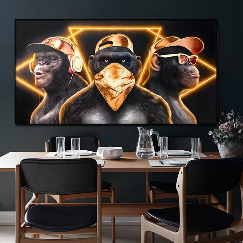 Quadro Macaco Chimpanzé de Fone Sala Decoração Barato-M191