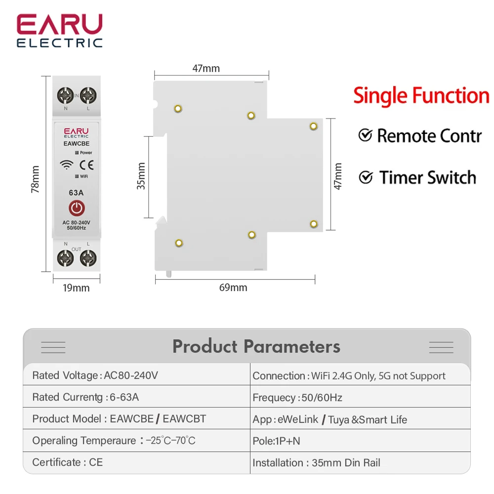 Tuya eWeLink WiFi Smart Circuit Breaker MCB 1P 63A Power Energy kWh Voltage Curr