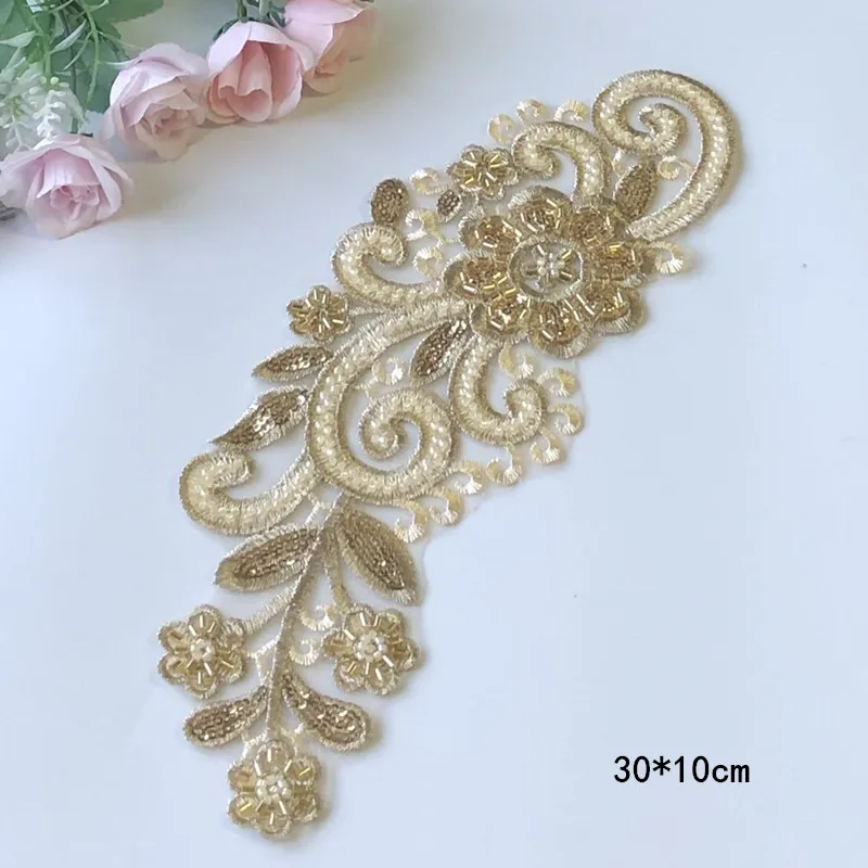 1 Pair Gold Sequin Embroidery Patch Couture Mesh Lace Flower Rhinestone Bead Sew Clothing Bridal Wedding Motif  Applique 30*10CM