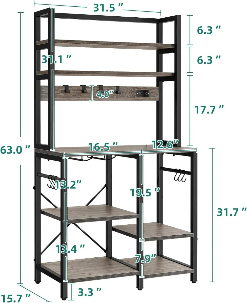 

Small Kitchen Microwave Stand Bakers Rack, Freestanding Appliance Storage Shelves 6 Tier W Hooks & Cup Glass Holder