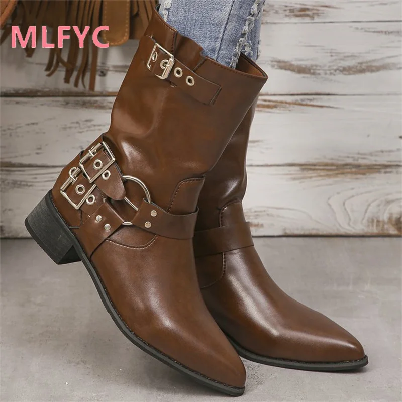 Knight Boots Women's 2023 New Autumn/Winter British Style Retro Thick Heel Pointed Metal Buckle Fashion Women's Boots mujer