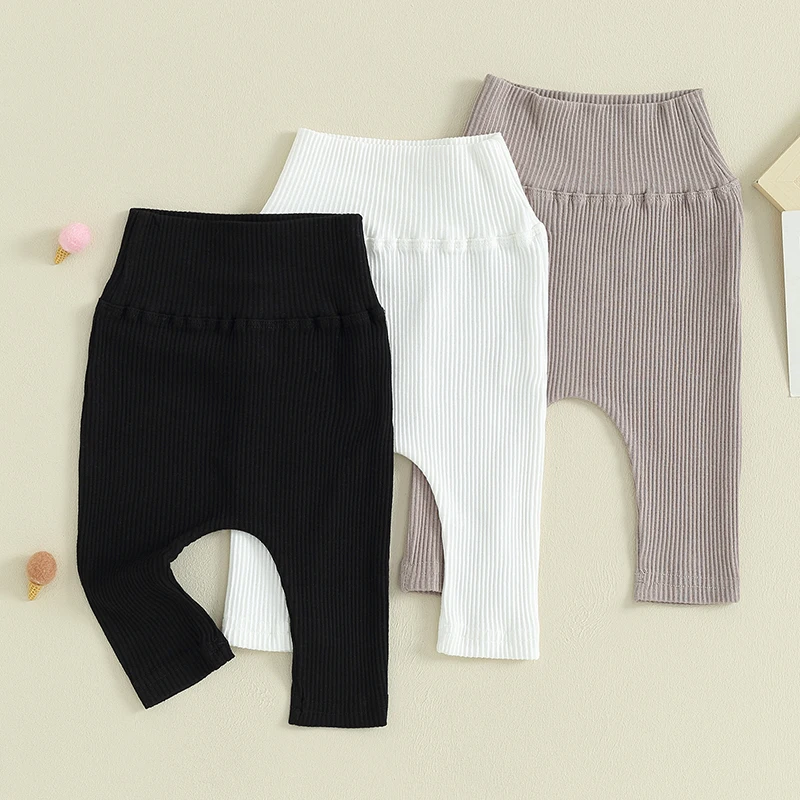 

Трикотажные брюки в рубчик для малышей, Повседневные базовые однотонные осенне-зимние эластичные брюки с высокой талией для новорожденных мальчиков и девочек