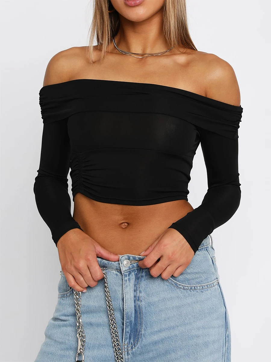 

Women s Off-Shoulder Cropped Tops Solid Color Long Sleeve Ruched Show Navel T-Shirts