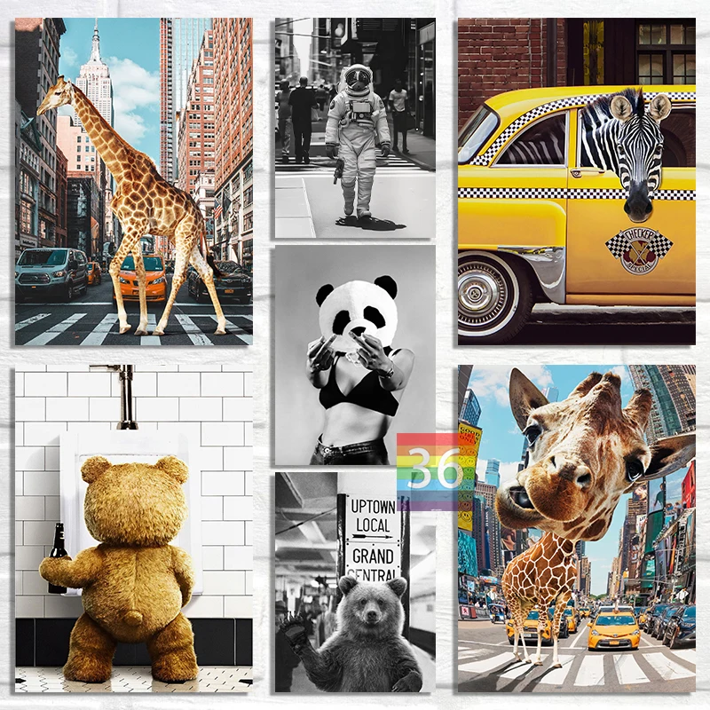 

Модный Жираф медведь на улице, Настенный декор, холст, принты, модное городское искусство, эстетический декор, черно-белое украшение на стену