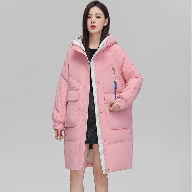 2023 New Women Down Jacket Winter Coat Female Mid Length Version Parkas Slim Fit Thick Warm Outwear Hooded Versatile Overcoat