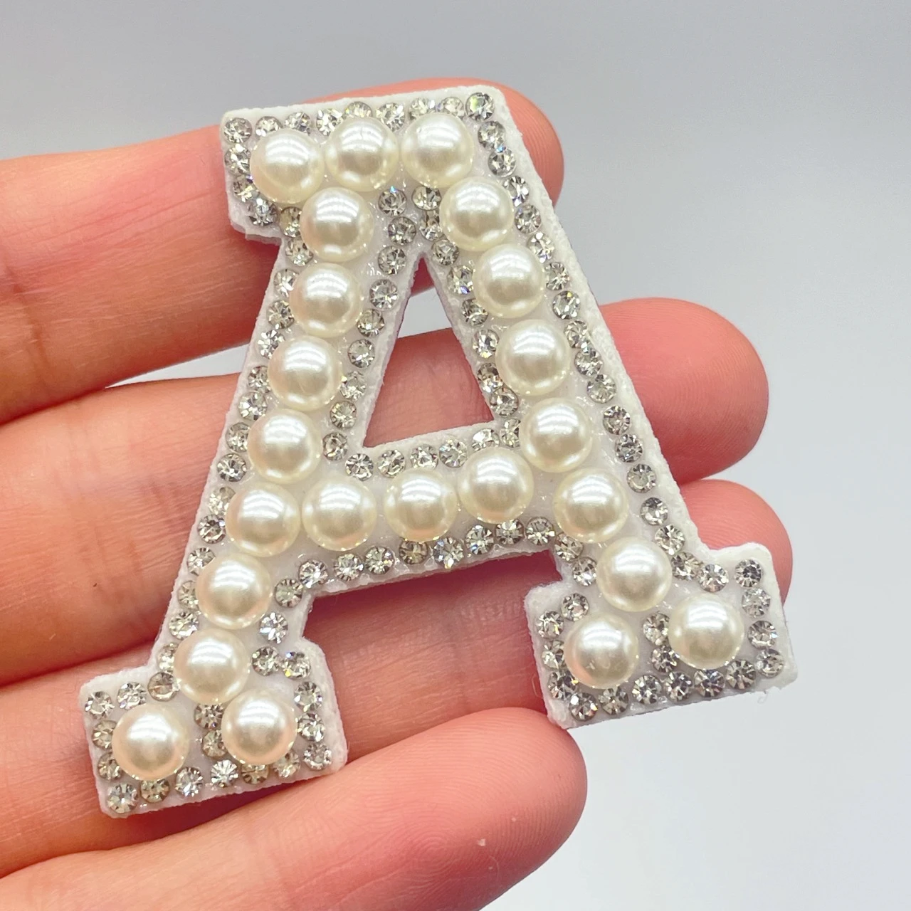 4.5CM White Pearl Letter Patches Rhinestone Iron on Patches Alphabet for Clothes 3D Beads Applique Badge for Bag Hat Jean ABC