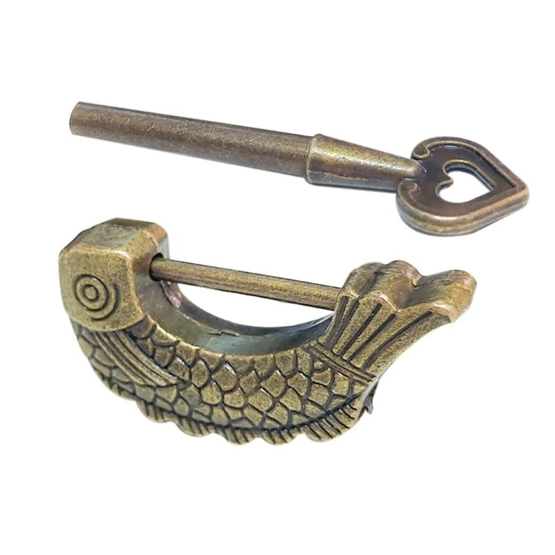 Retro Fish Pattern Padlock Bronze Metal Lock Square for Drawers & Jewelry Boxes