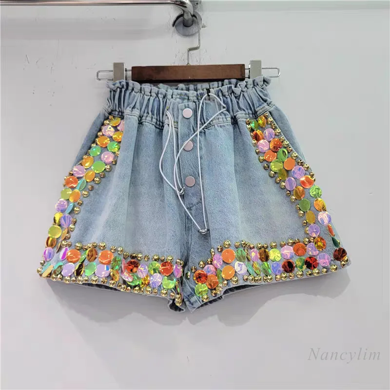 European Style Loose Denim Shorts Women 2023 Summer New Handmade Beaded Large Colorful Crystals High Waist Wide-Leg Denim Shorts