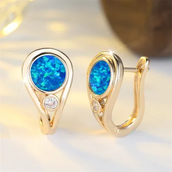White Zircon Blue Opal Round Stone Hoop Earrings For Women Vintage Gold Color Ear Buckle Wedding Jewelry Bridal Engagement Gifts