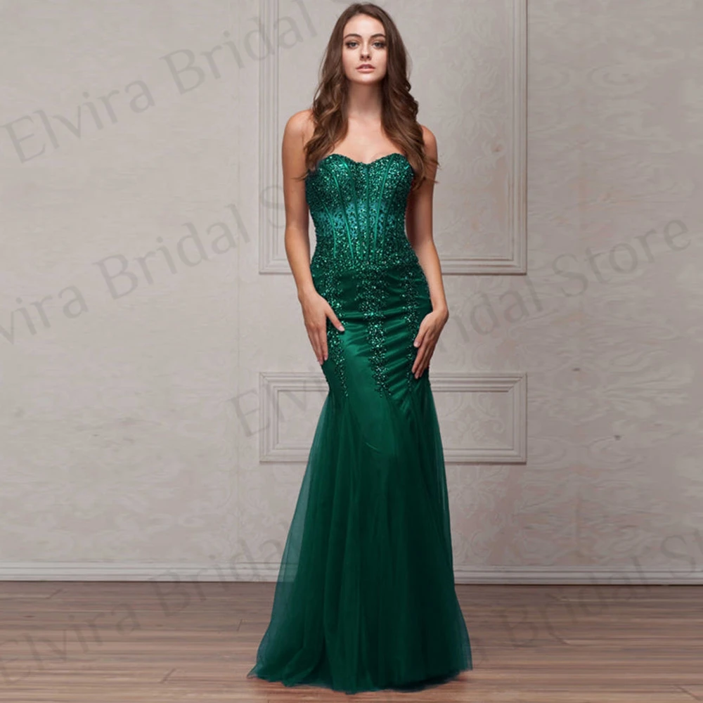 Illusion Sweetheart Evening Dresses Tulle Women Floor Length with Sleeveless Backless Sequins Beads Mermaid Long Party Gowns