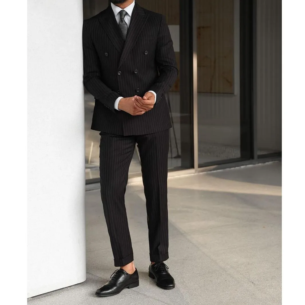 Black Pinstripe New Arrival Men Suit Tailor-Made 2 Pieces Blazer Black Pants Double Breasted Wedding Groom Causal Prom Tailored
