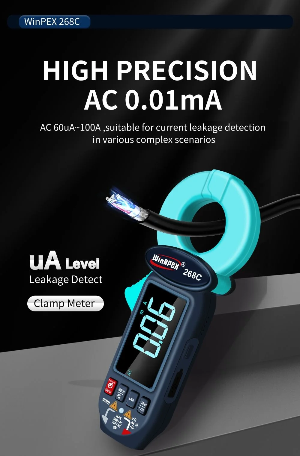 Winapex 268C AC Leakage Current Clamp Meter 0.01mA Professional Current Pliers N