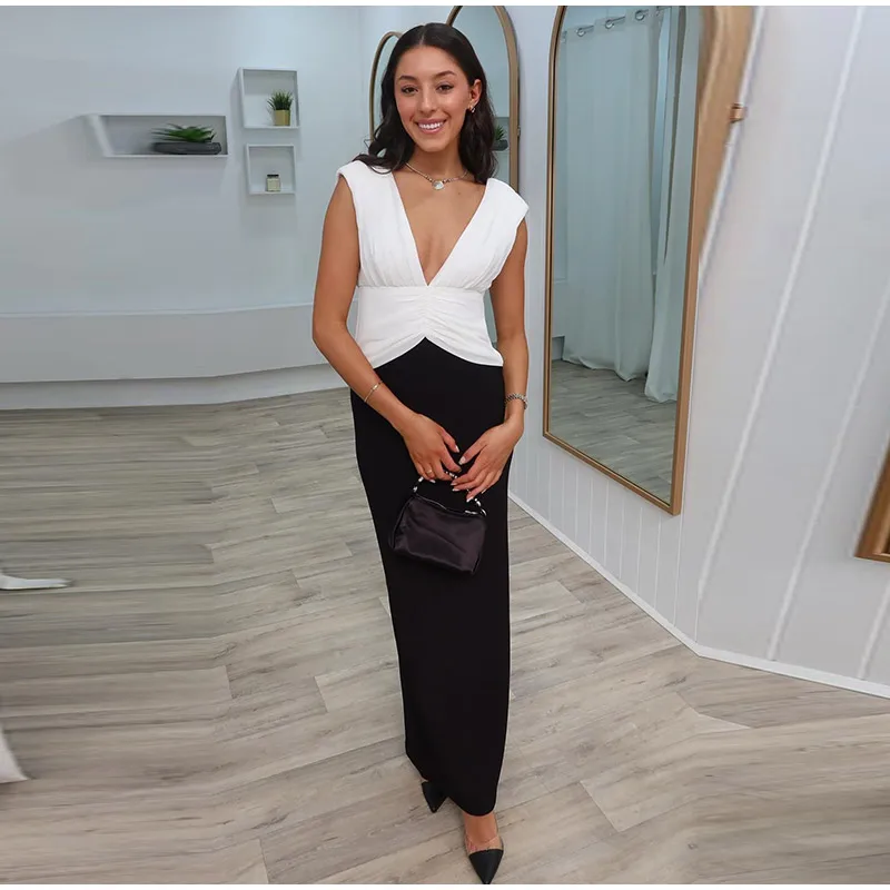 Elegant Deep V-neck Patchwork Long Dress Women Vintage Pleated Sleeveless Slim Fit Dresses Female Spring Chic Street Office