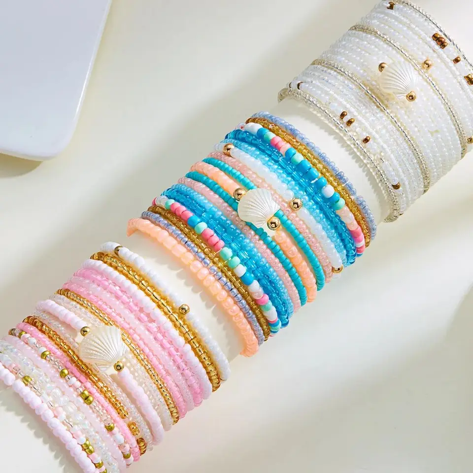 Set Di 5 Braccialetti Elastici Boho In Cristallo E Perline Per Donna – Bracciali Impilabili Multistrato Con Nappe, Circonferenza 17 Cm, Eleganti E Alla Moda - 2