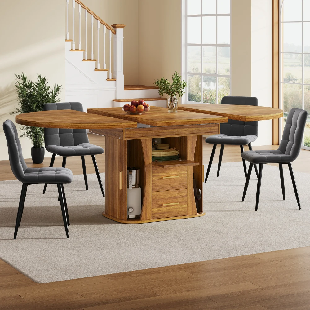 Moderner Ausziehbarer Esstisch Rund Umwandelbar in Oval Holz 118-158cm 6-Sitzer Küchentisch mit 3-stufigem Stauraum – Detail 18
