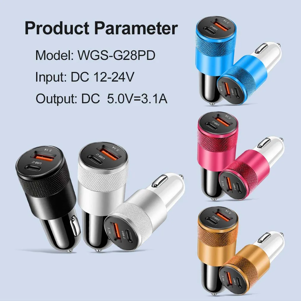 3.1A PD Car Charger USB Type C Fast Charging Car Phone Charger Adapter for iPhone 15 14 iPad Xiaomi Huawei Samsung Quick Charger