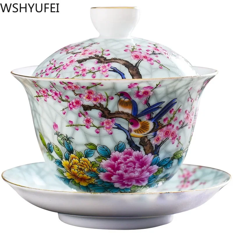 Jingdezhen porcelain art bird gaiwan ceramic flower tea bowl saucer lid kit master tea tureen drinkware gift 180ml