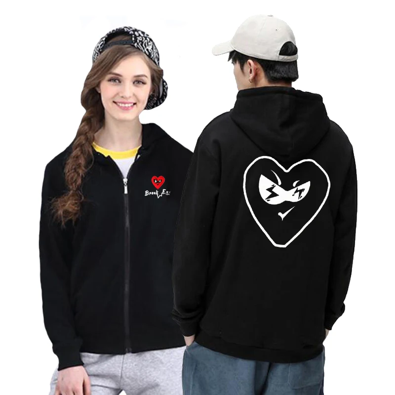 

Break Egg Men Women Hoodie Zipper Cotton Heart Glasses Embroidery Back Cartoon Hollowed Letter Heart Print Thick Pocket Hoodie