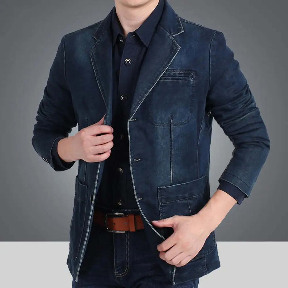 Autumn Men Denim Jacket Solid Color Turndown Collar Single Breasted Men Jeans Blazer Slim Fit Long Sleeves Pockets Suit Coat