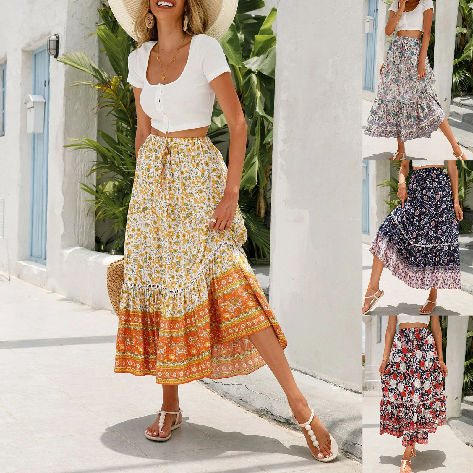 

Summer Women Bohemian Long Skirt Elegant Elastic Waist Floral Flowy Casual Swing Skirt for Holiday