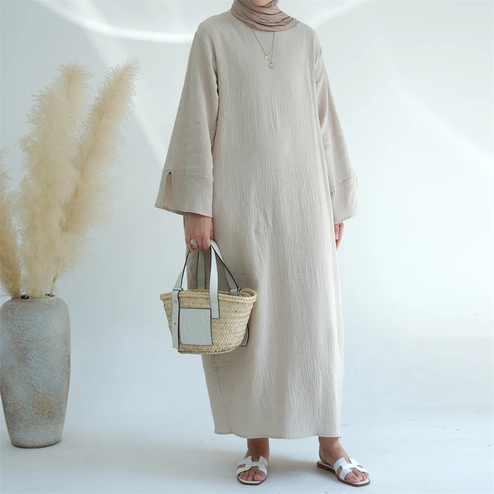 

Abaya Dubai Turkey Muslim Thin Crumpled Cotton Fabric Loose Long Dress Full Sleeves Women Islamic Clothing Hijabi Kaftan Ramadan