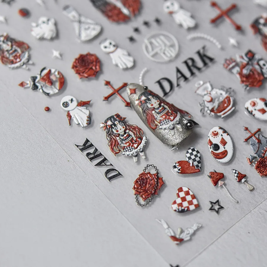 5D Realistico Rilievo Nero Rosso Griglie Clown Ghost Evil Demon Cross Dark Lab Adesivo Nail Art Adesivi Decalcomanie Ornamenti Per Manicure