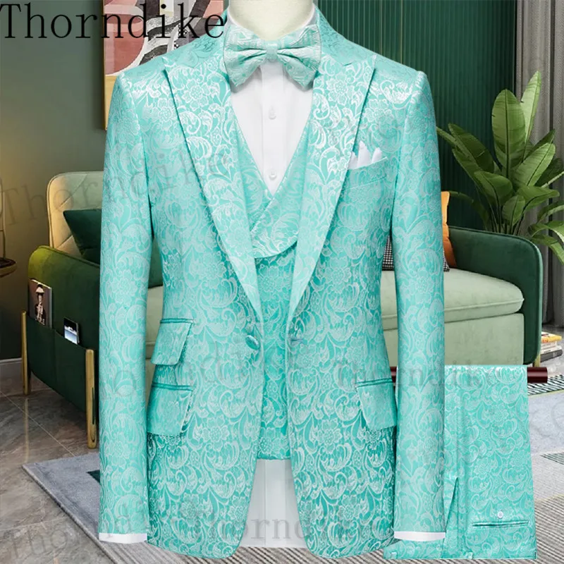 Thorndike Handsome Latest Designs Slim Fit Floral Jacket Party Tuxedos Male Dress Double Breasted Wedding Groom Men Suits